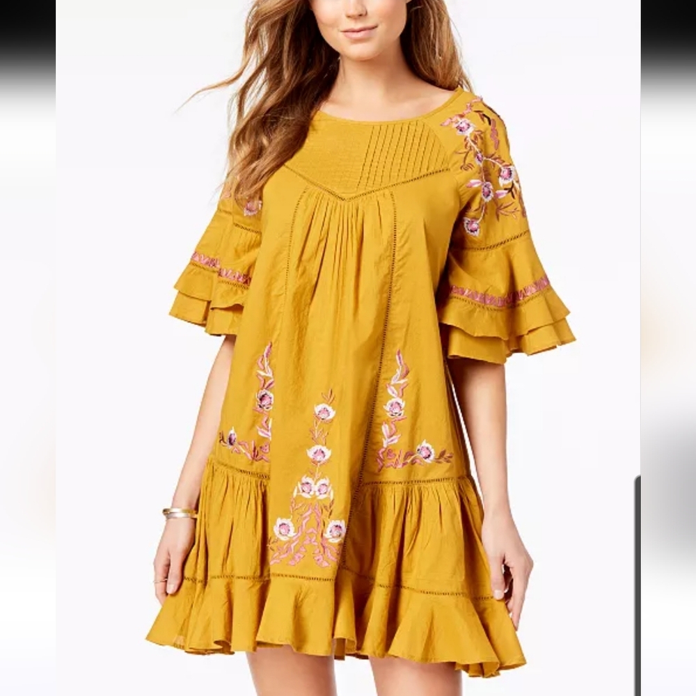 Free People Pavlo Mustard Embroidered Babydoll Dress Size S